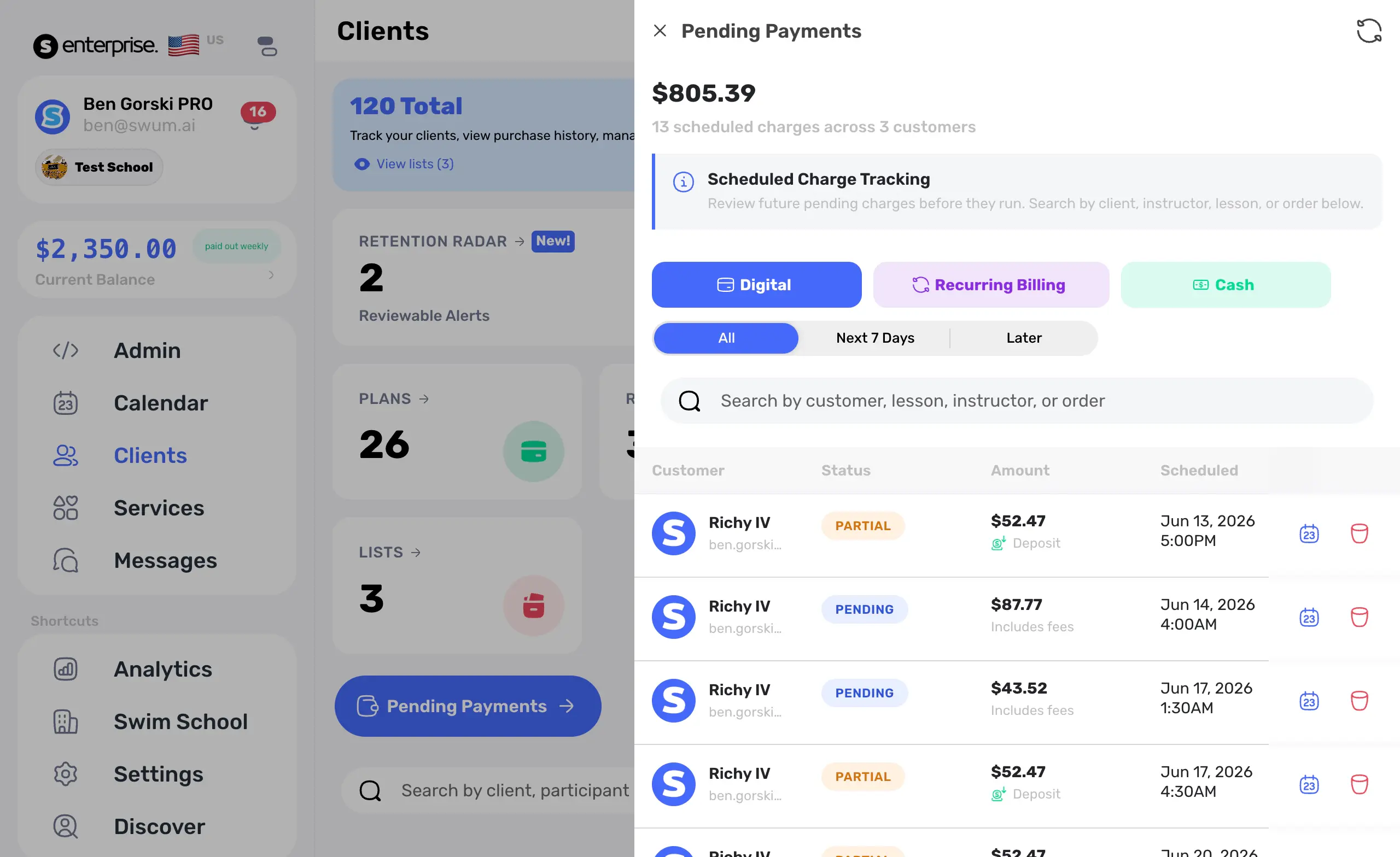 Swum pending payments dashboard with scheduled charges, partial payments, and deposit rows