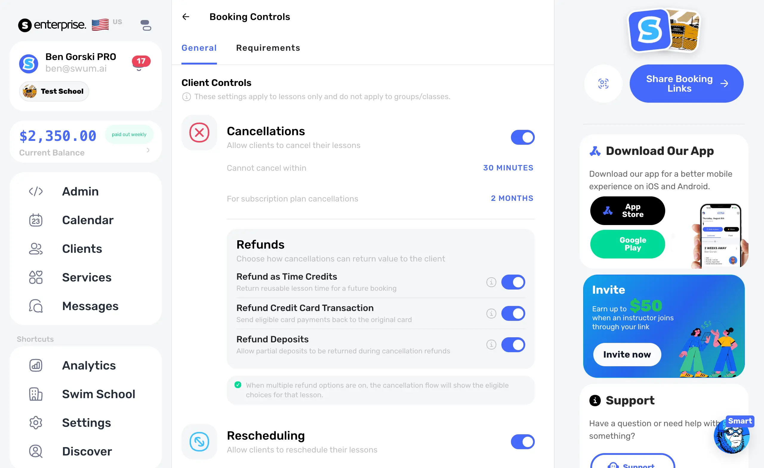 Swum Booking Controls settings for cancellation, refund, and reschedule policies