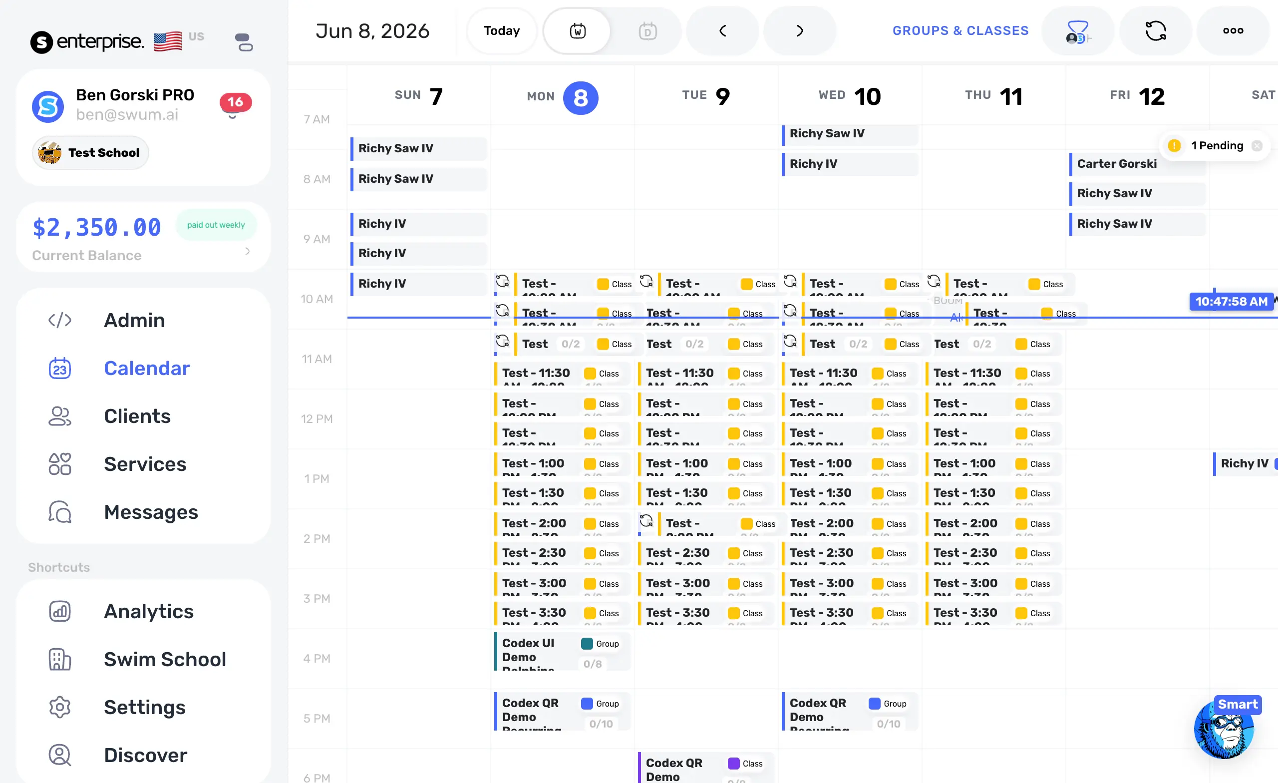 Swum calendar showing side-by-side class and lesson overlap preview